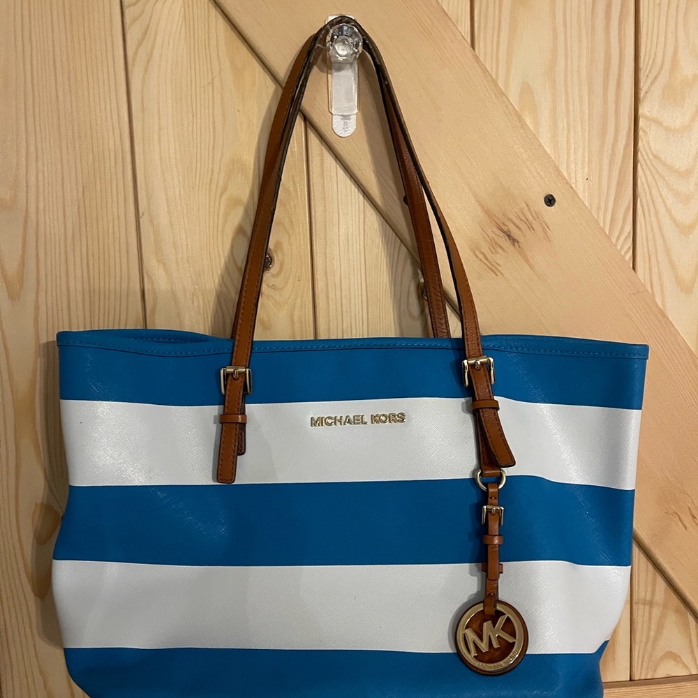 Michael Kors Blue and White Striped Tote Bag